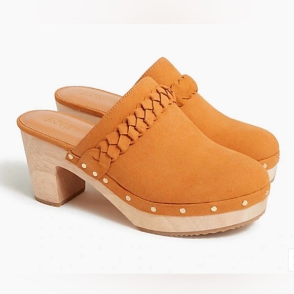 NWOT J. Crew | Women’s caramel faux suede wooden chunky heel braided bridge clog - Picture 1 of 10
